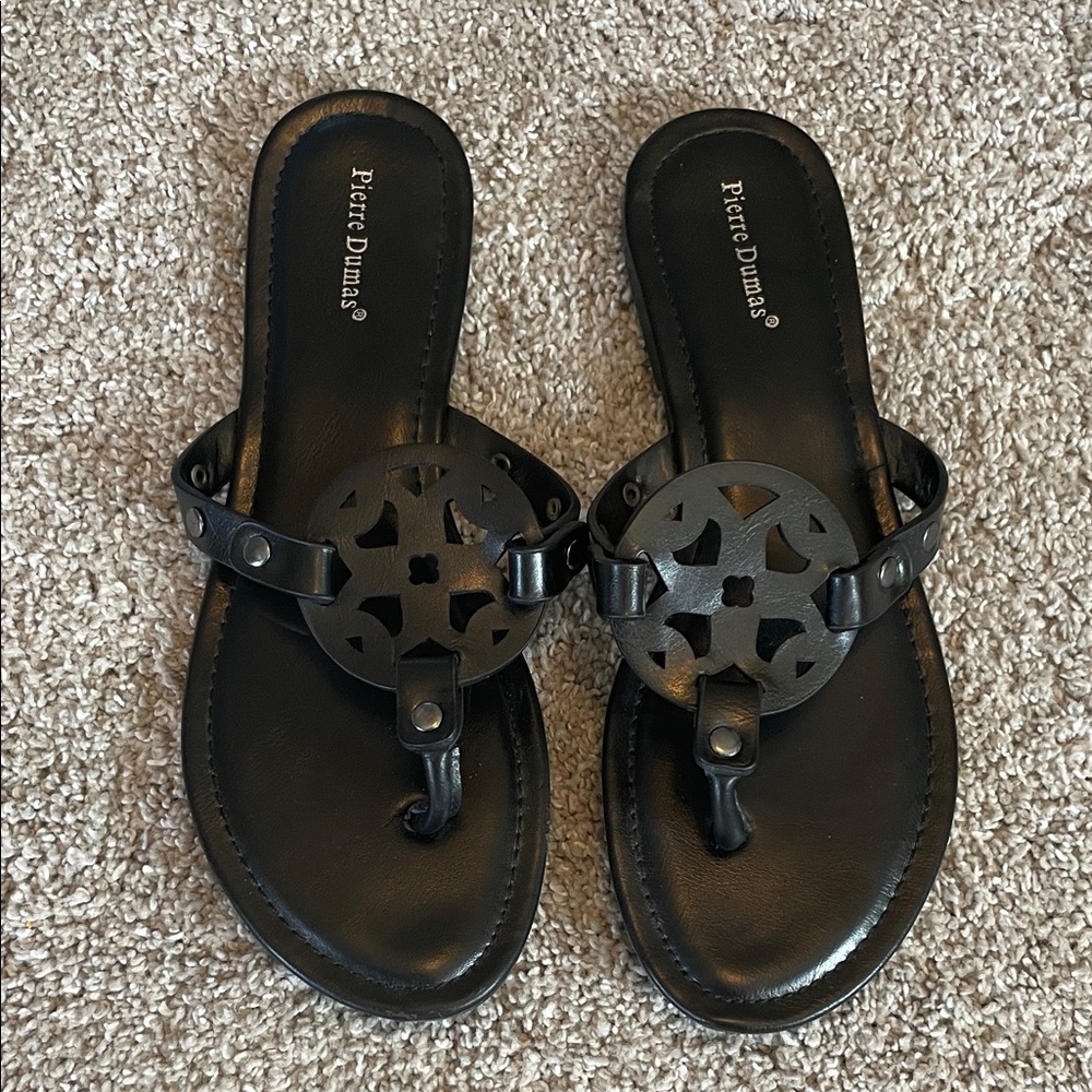 Pierre Dumas Black Logo Cutout Thong Sandals - Slip-On Style, Size 8.5